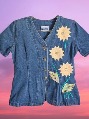 90's Embroidered Floral Rhinestone Denim Bodycon Top